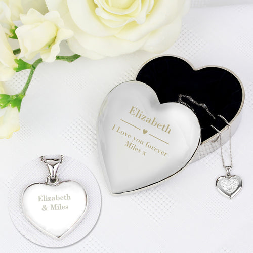 Personalised Engraved Heart Trinket Box & Silver Crystal Heart Pendant Gift Set