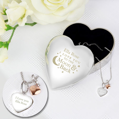 Personalised Engraved Moon and Back Heart Trinket Box & Silver Heart Pendant Gift Set