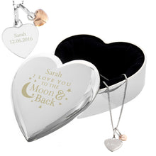 Personalised Engraved Moon and Back Heart Trinket Box & Silver Heart Pendant Gift Set