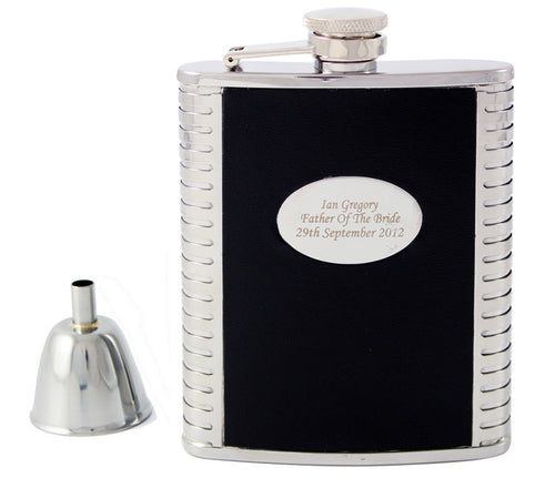 Personalised Steel and Black Leather Hip Flask